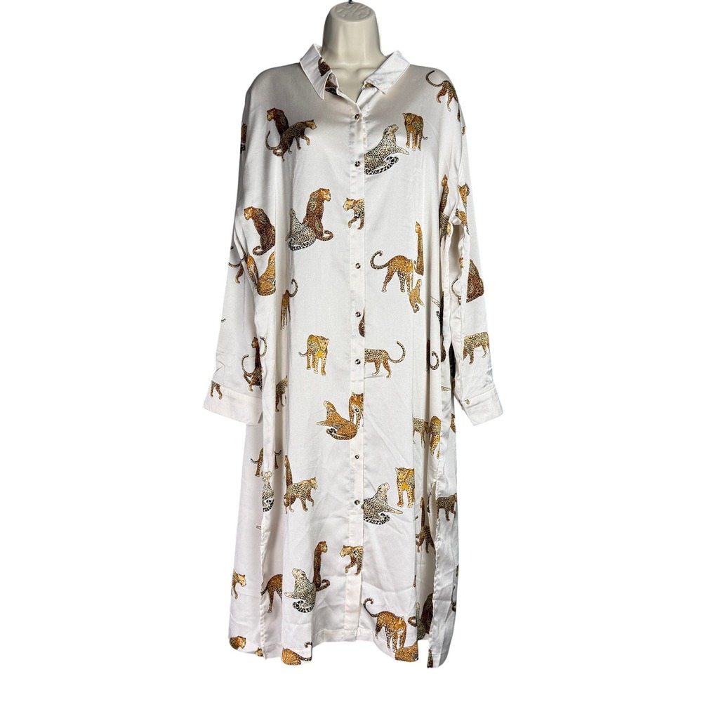 Umgee Animal Print Shirt Slip Dress XL Cream Satin Button Down Roll-Tab Sleeve